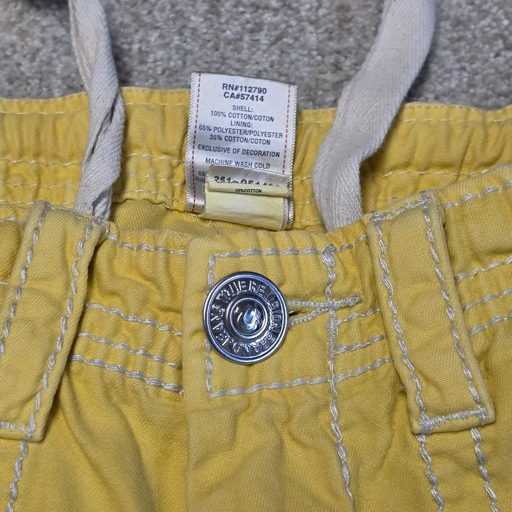True‎ Religion Cargo Jean Shorts Y2K Yellow Jorts Streetwear Hip Hop Embroidered